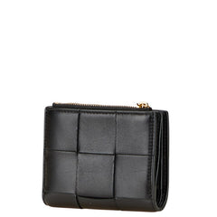 ボッテガヴェネタ マキシイントレチャート スモール カセット 二つ折り財布 ブラック レザー レディース BOTTEGAVENETA 【中古】