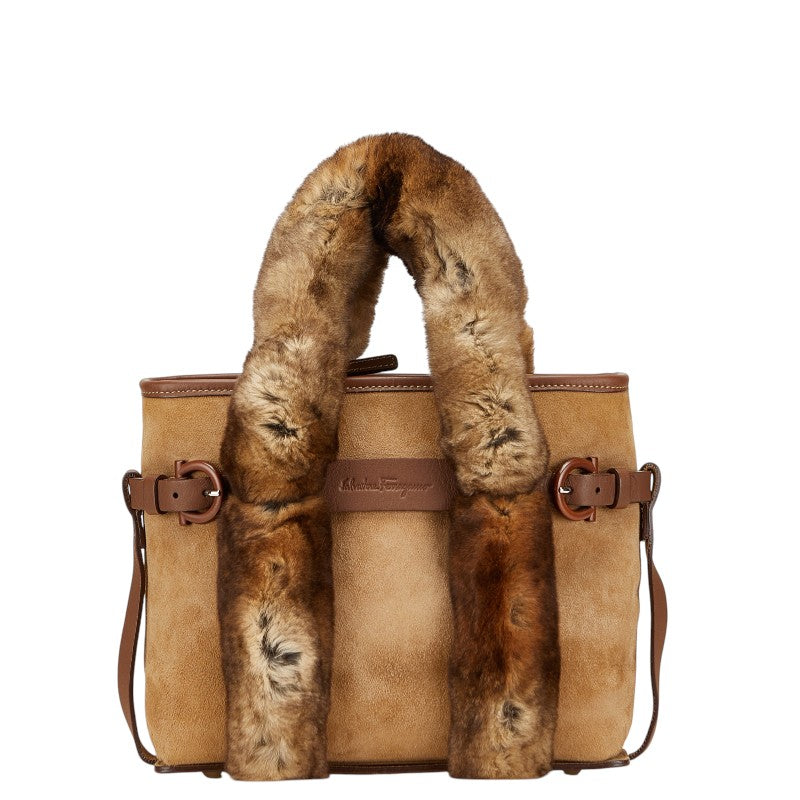 サルヴァトーレフェラガモ ハンドバッグ ベージュ ブラウン ファー レザー スエード レディース Salvatore Ferragamo 【中古】