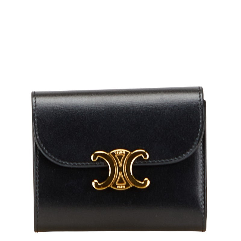セリーヌ トリオンフ 三つ折り財布 ブラック レザー レディース CELINE 【中古】