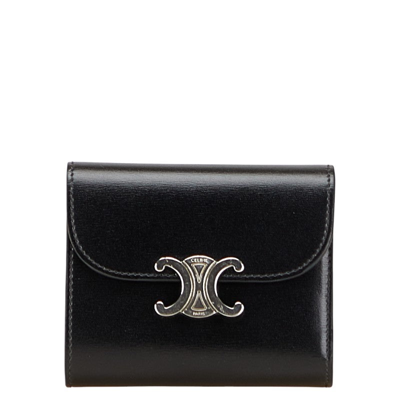 セリーヌ トリオンフ スモールフラップウォレット 三つ折り財布 ブラック レザー レディース CELINE 【中古】