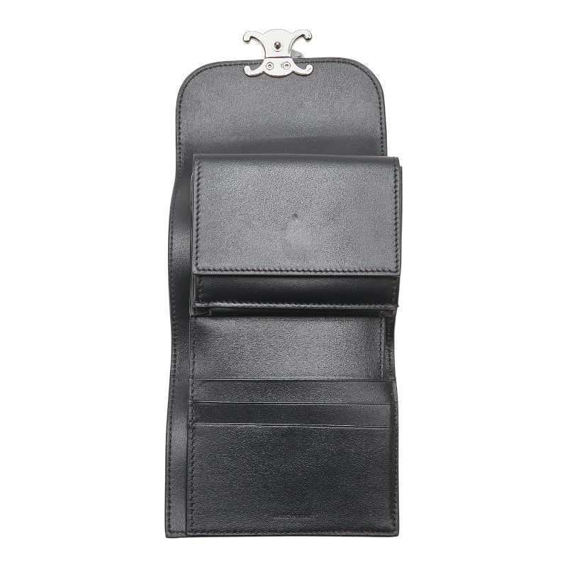 セリーヌ トリオンフ スモールフラップウォレット 三つ折り財布 ブラック レザー レディース CELINE 【中古】