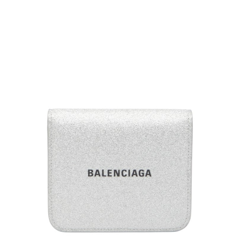 バレンシアガ ロゴ 二つ折り財布 594216 シルバー レザー レディース BALENCIAGA 【中古】