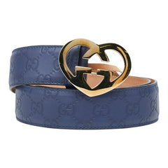 グッチ グッチシマ ハートバックル ベルト サイズ:85/34 245856 ブルー ゴールド レザー レディース GUCCI 【中古】