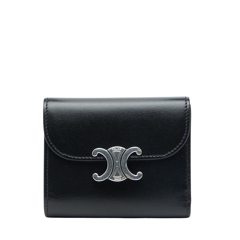 セリーヌ トリオンフ スモール フラップウォレット 三つ折り財布 コンパクトウォレット ブラック レザー レディース CELINE 【中古】