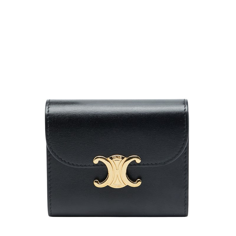 セリーヌ トリオンフ スモール フラップウォレット 三つ折り財布 コンパクトウォレット ブラック レザー レディース CELINE 【中古】