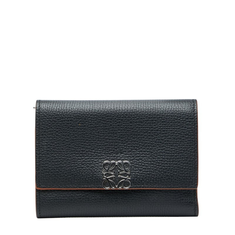 ロエベ アナグラム 三つ折り財布 コンパクトウォレット ブラック レザー レディース LOEWE 【中古】