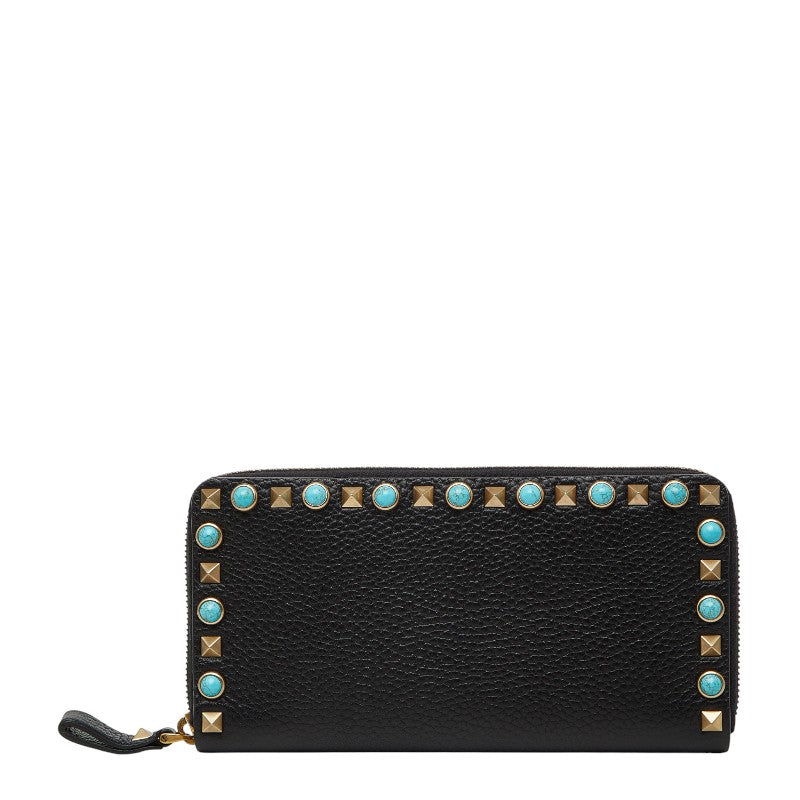 ヴァレンティノ ロックスタッズ ラウンドファスナー 長財布 ブラック ターコイズブルー レザー レディース VALENTINO 【中古】