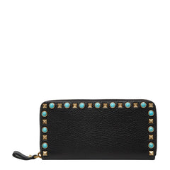 ヴァレンティノ ロックスタッズ ラウンドファスナー 長財布 ブラック ターコイズブルー レザー レディース VALENTINO 【中古】