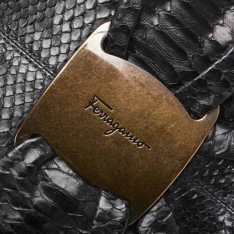 サルヴァトーレフェラガモ パイソン ロゴ ヴァラリボン ハンドバッグ ブラック レザー レディース Salvatore Ferragamo 【中古】
