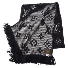 ルイ ヴィトン エシャルプ ロゴマニア シャイン マフラー M75833 ノワール ブラック ウール シルク レディース LOUIS VUITTON 【中古】