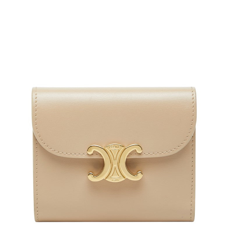 セリーヌ トリオンフ スモールフラップウォレット 三つ折り財布 ベージュ レザー レディース CELINE 【中古】