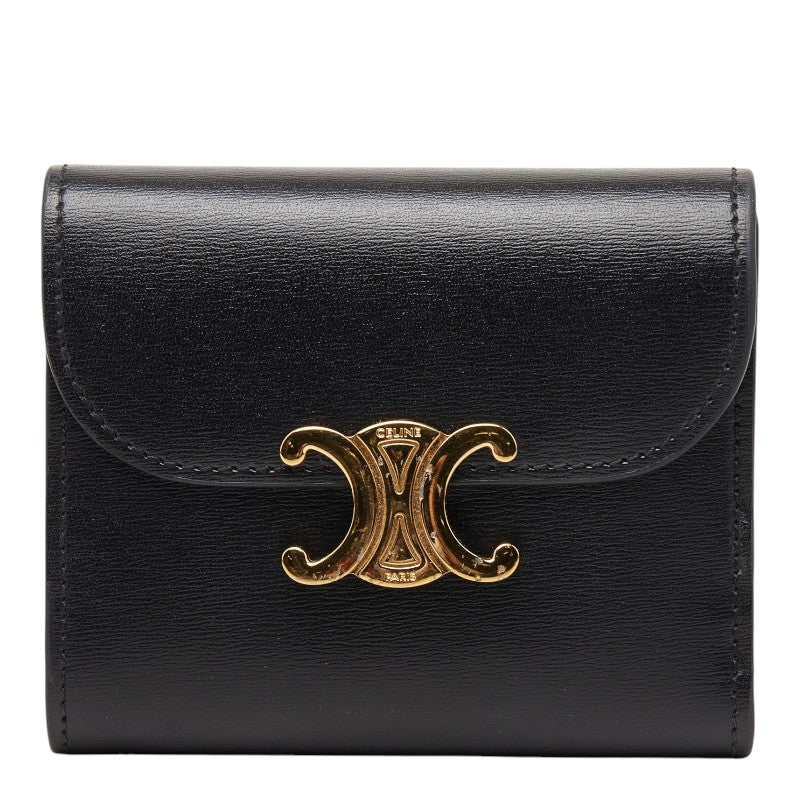 セリーヌ トリオンフ コンパクトウォレット 三つ折り財布 ブラック レザー レディース CELINE 【中古】