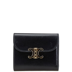 セリーヌ トリオンフ 三つ折り財布 スモールウォレット ブラック シャイニーカーフスキン レディース CELINE 【中古】