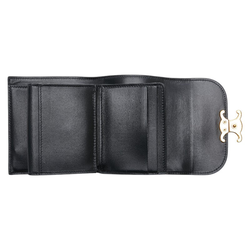 セリーヌ トリオンフ 三つ折り財布 スモールウォレット ブラック シャイニーカーフスキン レディース CELINE 【中古】