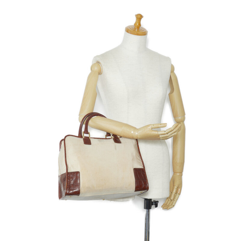 ロエベ アマソナ クロコ型押し ハンドバッグ ミニボストンバッグ ベージュ ブラウン レザー ナイロン レディース LOEWE 【中古】