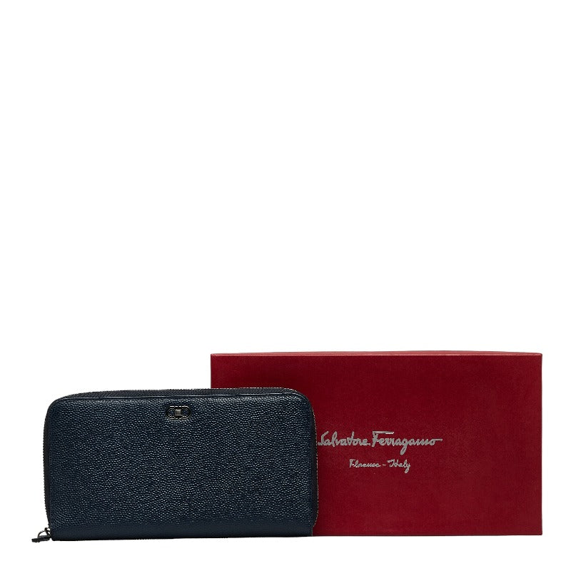 サルヴァトーレフェラガモ ガンチーニ 二つ折り財布 長財布 ネイビー レザー レディース Salvatore Ferragamo 【中古】