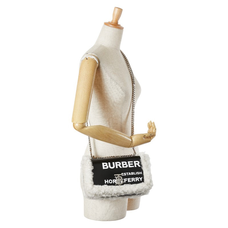 バーバリー ローラ TB ホースフェリープリント チェーン ショルダーバッグ ブラック ホワイト レザー ボア レディース BURBERRY 【中古】