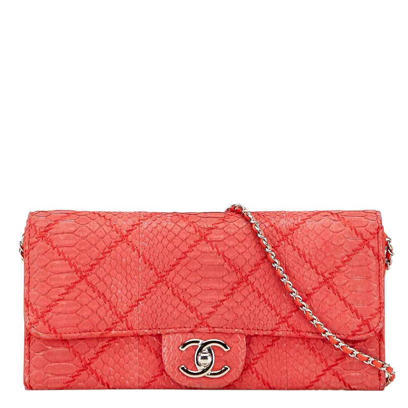 シャネル ココマーク ウルトラステッチ パイソン チェーン ワンショルダーバッグ レッド シルバー レザー レディース CHANEL 【中古】