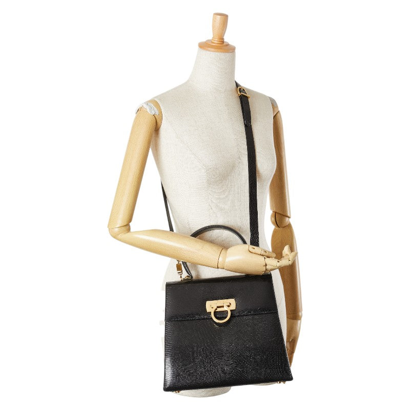 サルヴァトーレフェラガモ ガンチーニ リザード ハンドバッグ ショルダーバッグ 2WAY ブラック レザー レディース Salvatore Ferragamo 【中古】