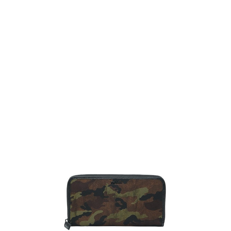 プラダ カモフラージュ 迷彩 ラウンドファスナー 長財布 カーキ ブラック ナイロン レザー メンズ PRADA 【中古】