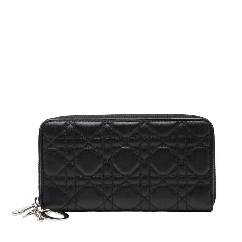 ディオール レディディオール カナージュ ラウンドファスナー 長財布 ブラック レザー レディース Dior 【中古】