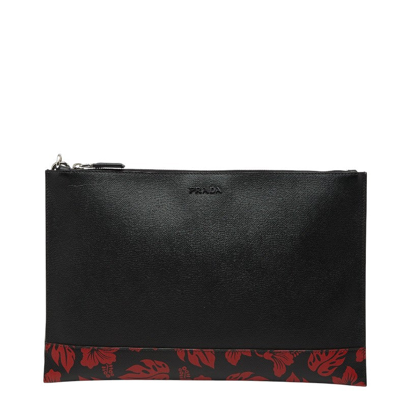 プラダ フラワー 花 クラッチバッグ 2NH001 ブラック レッド サフィアーノレザー メンズ PRADA 【中古】