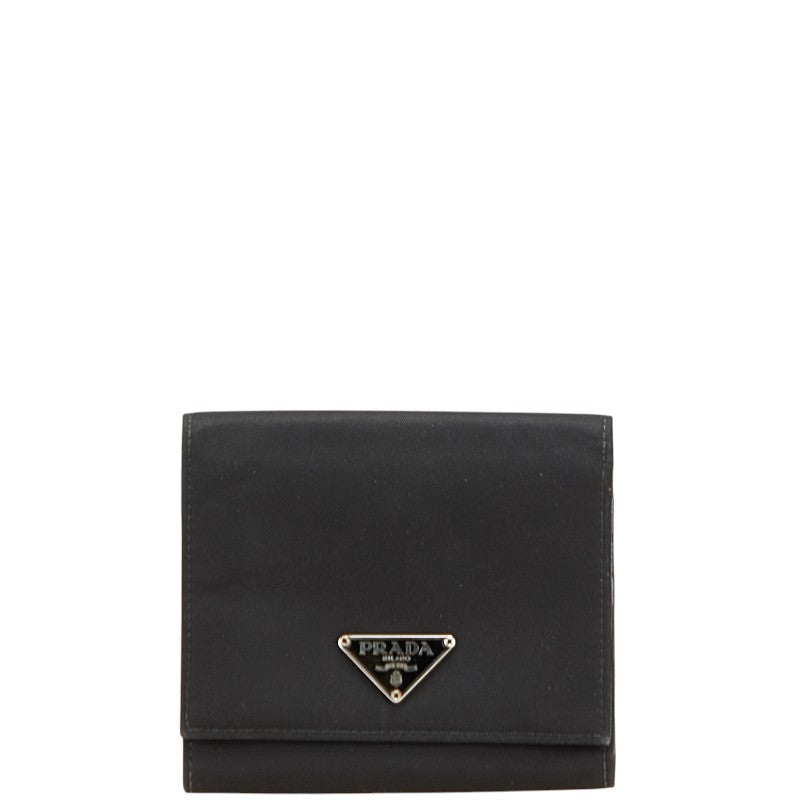 プラダ 三角ロゴプレート 三つ折り財布 ブラック ナイロン レディース PRADA 【中古】