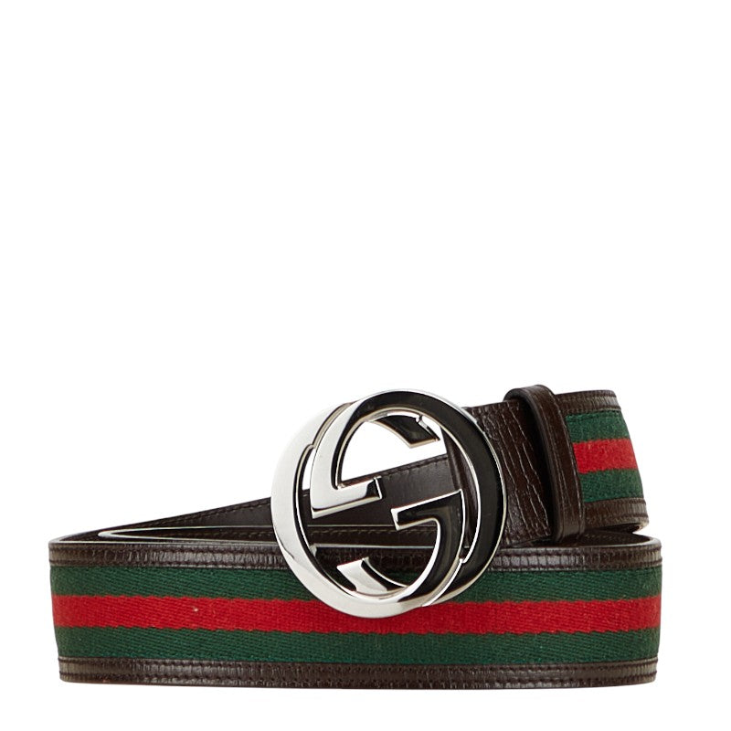 グッチ インターロッキングG シェリーライン ベルト 85.34 114984 ブラウン レザー キャンバス メンズ GUCCI 【中古】