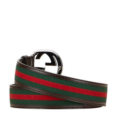 グッチ インターロッキングG シェリーライン ベルト 85.34 114984 ブラウン レザー キャンバス メンズ GUCCI 【中古】