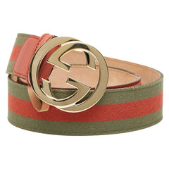 グッチ インターロッキングG ベルト 85.34 114876 カーキ ピンク レザー キャンバス メンズ GUCCI 【中古】