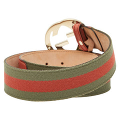 グッチ インターロッキングG ベルト 85.34 114876 カーキ ピンク レザー キャンバス メンズ GUCCI 【中古】