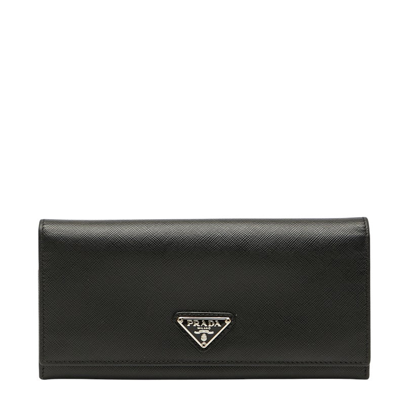 プラダ 三角ロゴプレート 長財布 ブラック レザー レディース PRADA 【中古】