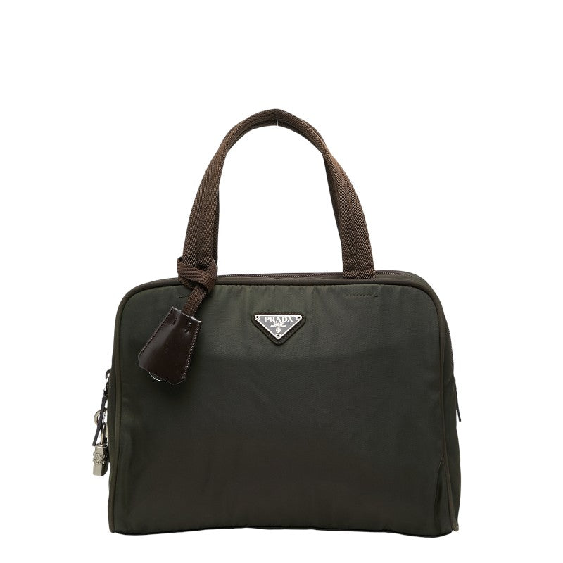 プラダ 三角ロゴプレート ハンドバッグ カーキ ブラウン ナイロン レザー レディース PRADA 【中古】