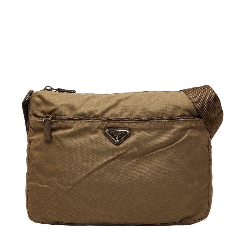 プラダ 三角ロゴプレート 斜め掛け ショルダーバッグ BT0421 ブラウン ナイロン レザー レディース PRADA 【中古】