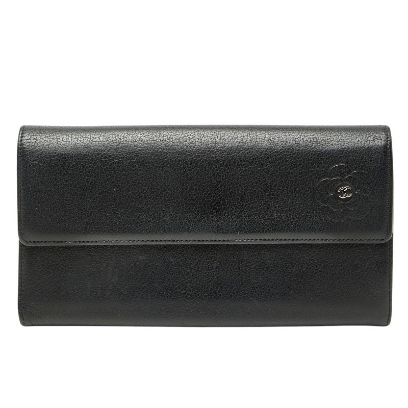 シャネル カメリア ココマーク 二つ折り 長財布 ブラック レザー レディース CHANEL 【中古】