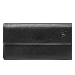 シャネル カメリア ココマーク 二つ折り 長財布 ブラック レザー レディース CHANEL 【中古】