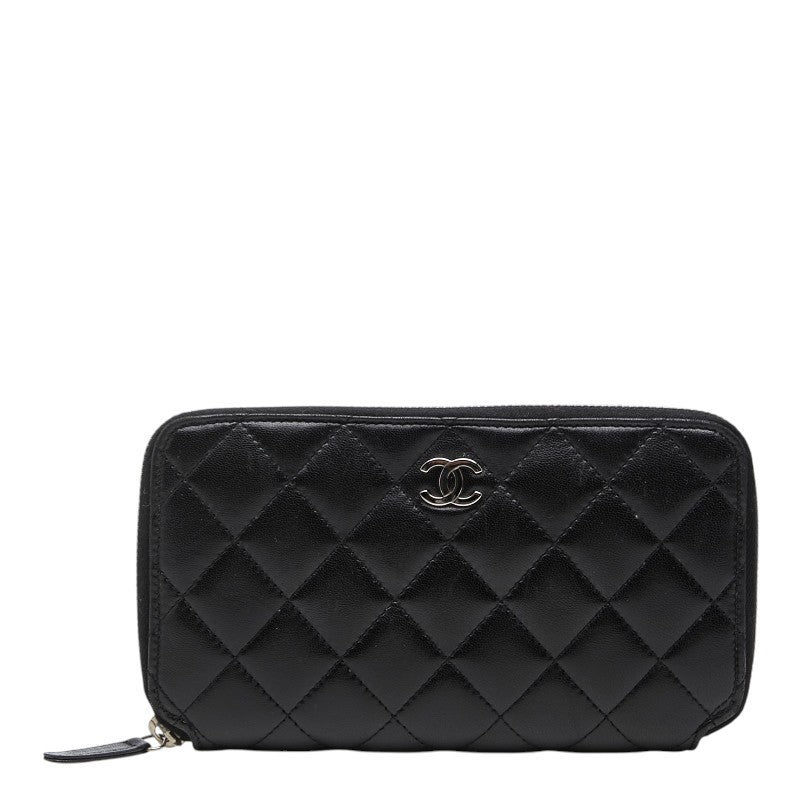 シャネル マトラッセ ラウンドファスナー ジップ ウォレット 長財布 ブラック シルバー金具 ラムスキン レディース CHANEL 【中古】