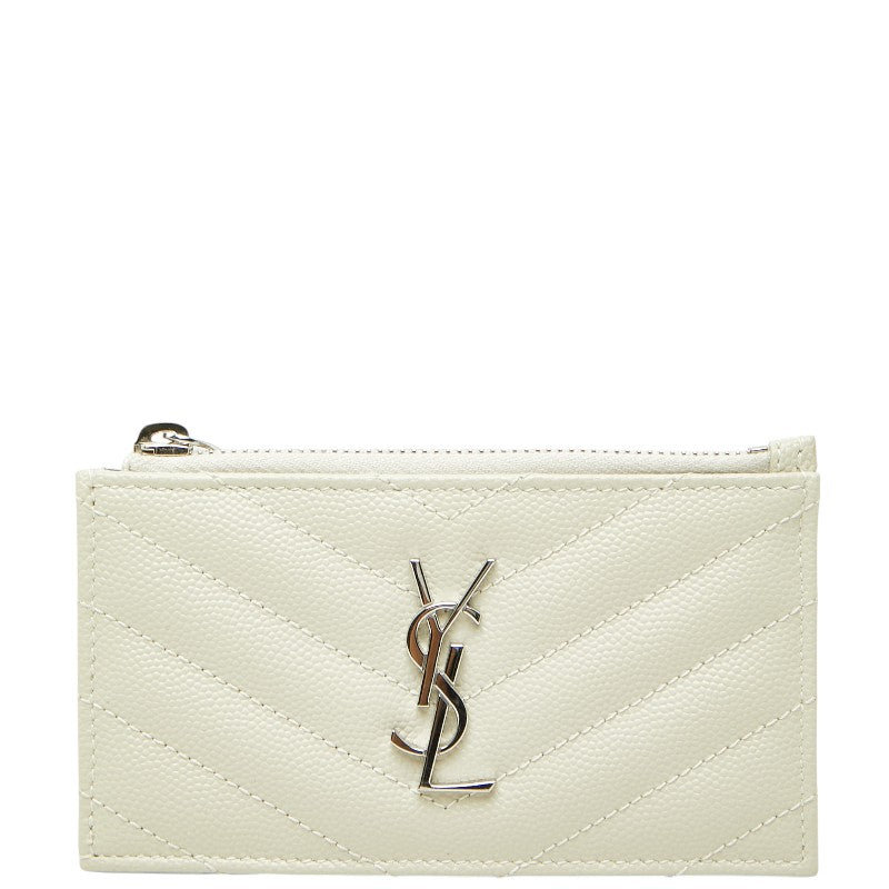 サンローラン カサンドラ YSLロゴ フラグメントケース ジップカードケース アイボリー シルバー レザー レディース SAINT LAURENT 【中古】