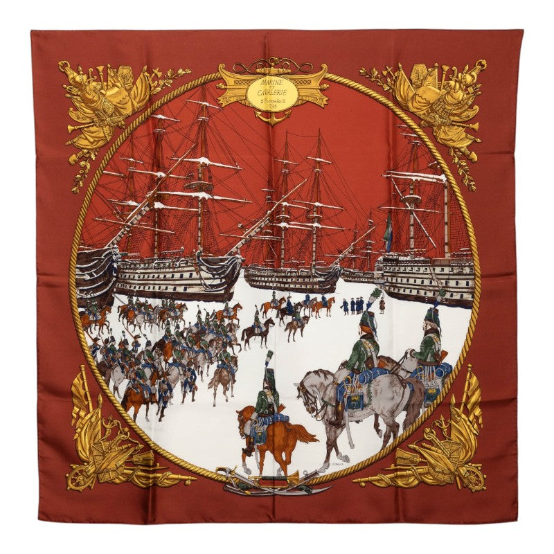エルメス カレ90 MARINE ET CAVALERIE 海と騎兵隊 スカーフ ブラウン マルチカラー シルク レディース HERMES 【中古】