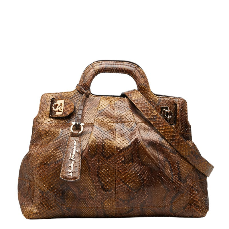 サルヴァトーレフェラガモ ガンチーニ パイソン ハンドバッグ ショルダーバッグ 2WAY ブラウン レザー レディース Salvatore Ferragamo 【中古】