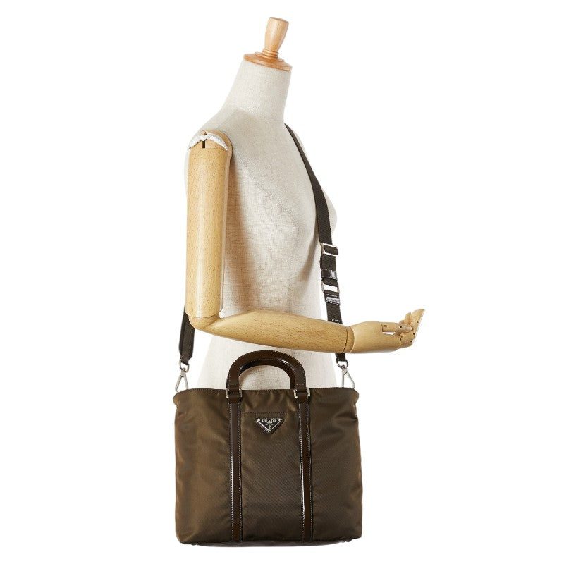 プラダ 三角ロゴプレート ハンドバッグ ショルダーバッグ 2WAY BN1066 カーキ ブラウン ナイロン レザー レディース PRADA 【中古】