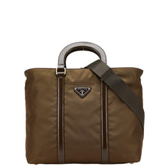 プラダ 三角ロゴプレート ハンドバッグ ショルダーバッグ 2WAY BN1066 カーキ ブラウン ナイロン レザー レディース PRADA 中古