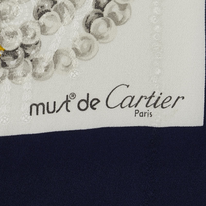 カルティエ マストドゥカルティエ 玉乗り パンテール スカーフ ネイビー ホワイト シルク レディース CARTIER 【中古】