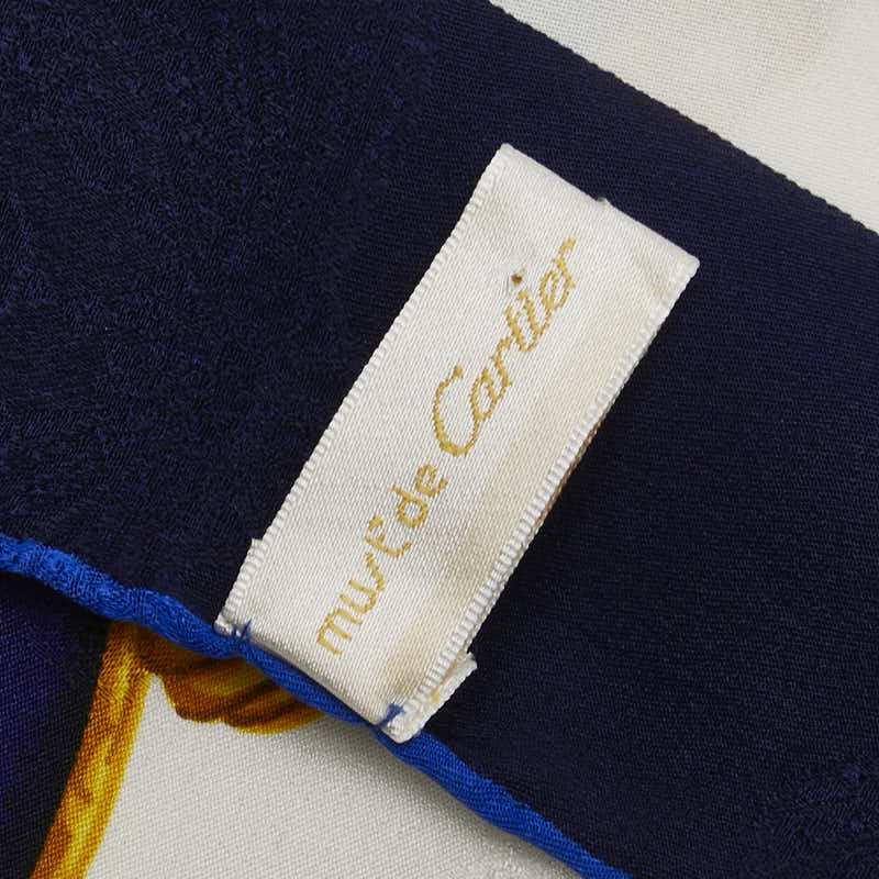 カルティエ マストドゥカルティエ 玉乗り パンテール スカーフ ネイビー ホワイト シルク レディース CARTIER 【中古】