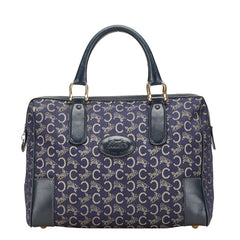 セリーヌ Cサルキー ハンドバッグ ミニボストンバッグ ネイビー ベージュ キャンバス レザー レディース CELINE 【中古】