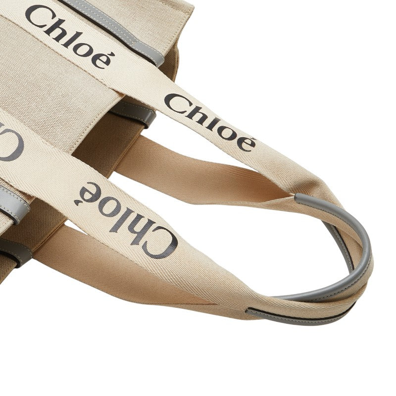 クロエ ウッディ ミディアム トートバッグ ショルダーバッグ ベージュ ブルー キャンバス レザー レディース Chloe 【中古】