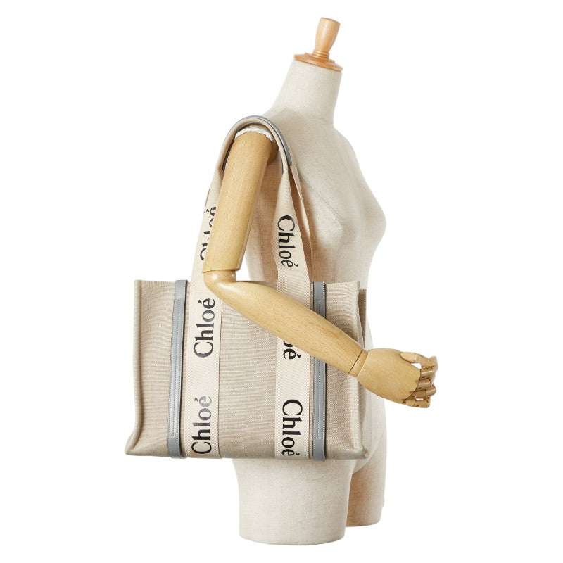 クロエ ウッディ ミディアム トートバッグ ショルダーバッグ ベージュ ブルー キャンバス レザー レディース Chloe 【中古】