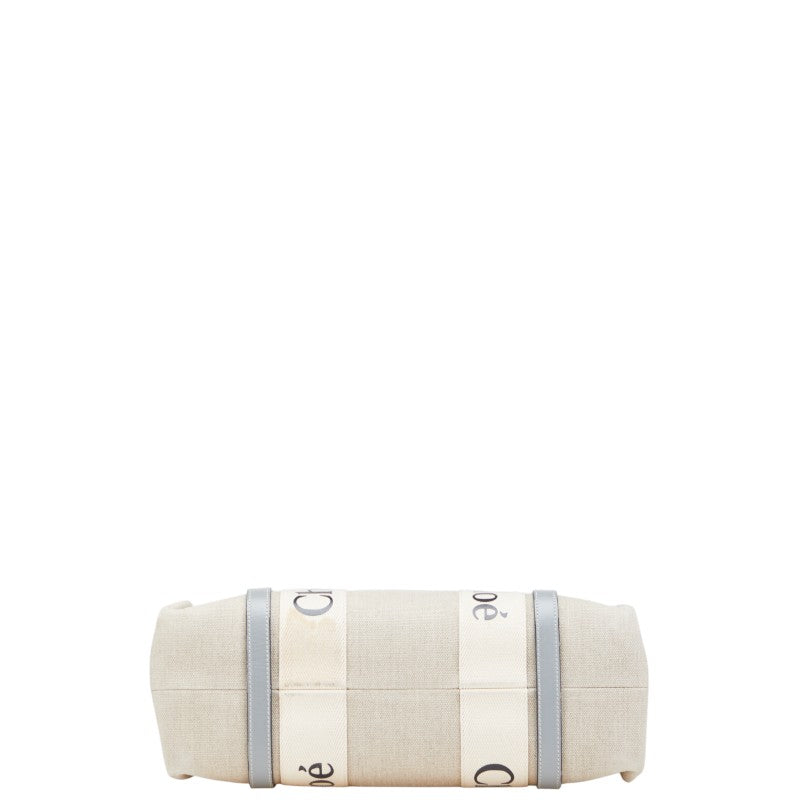 クロエ ウッディ ミディアム トートバッグ ショルダーバッグ ベージュ ブルー キャンバス レザー レディース Chloe 【中古】