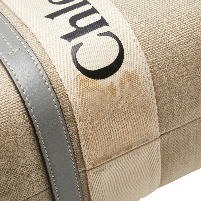 クロエ ウッディ ミディアム トートバッグ ショルダーバッグ ベージュ ブルー キャンバス レザー レディース Chloe 【中古】