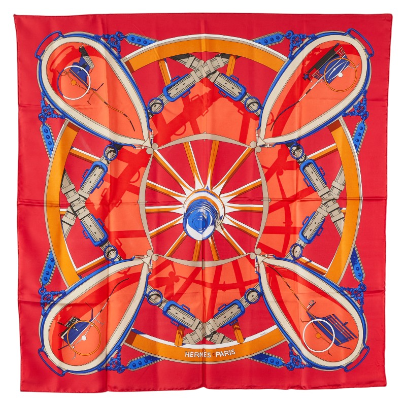 エルメス カレ90 En Roue Libre 自由への車輪 スカーフ レッド マルチカラー シルク レディース HERMES 【中古】